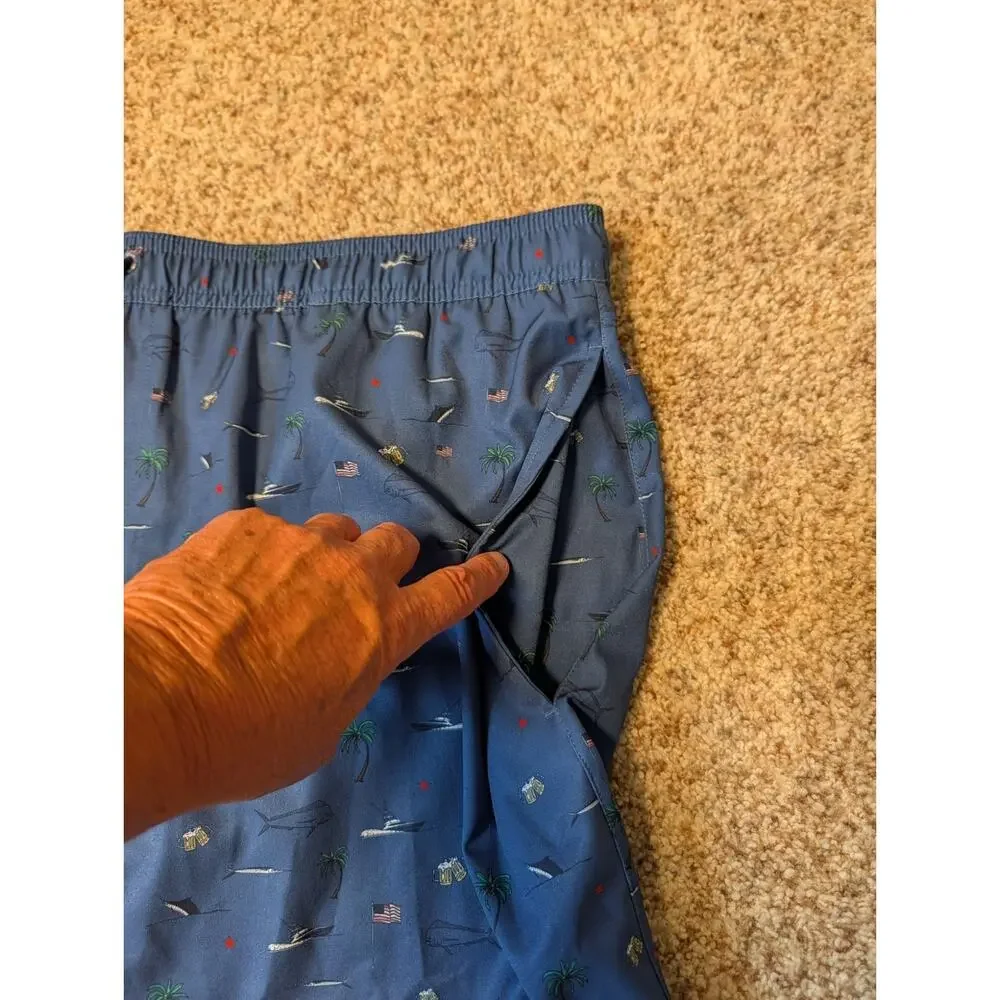 HUK Mens Charter Volley swim trunks/shorts, XXL; boat; Palm tree & Fish Pattern